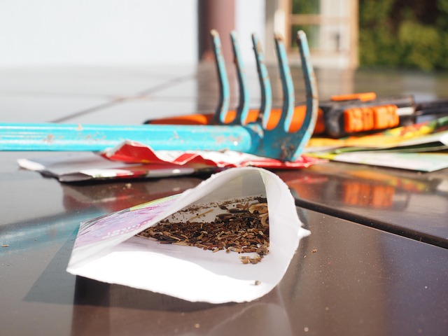 bags of flower seeds on table with small rake